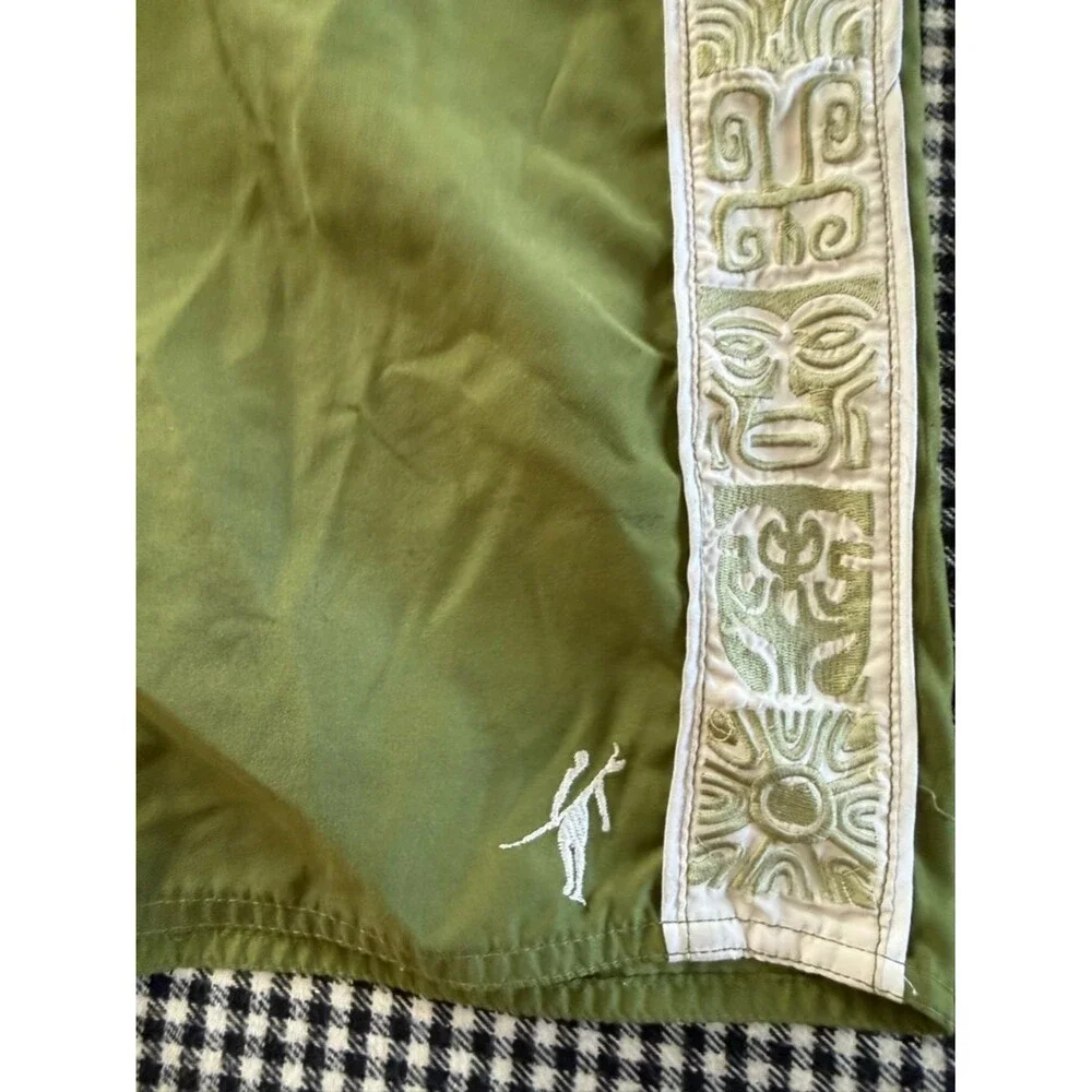 Vintage Y2K “Toes on The Nose” Olive Green Swim Trunks with White Tiki Sides